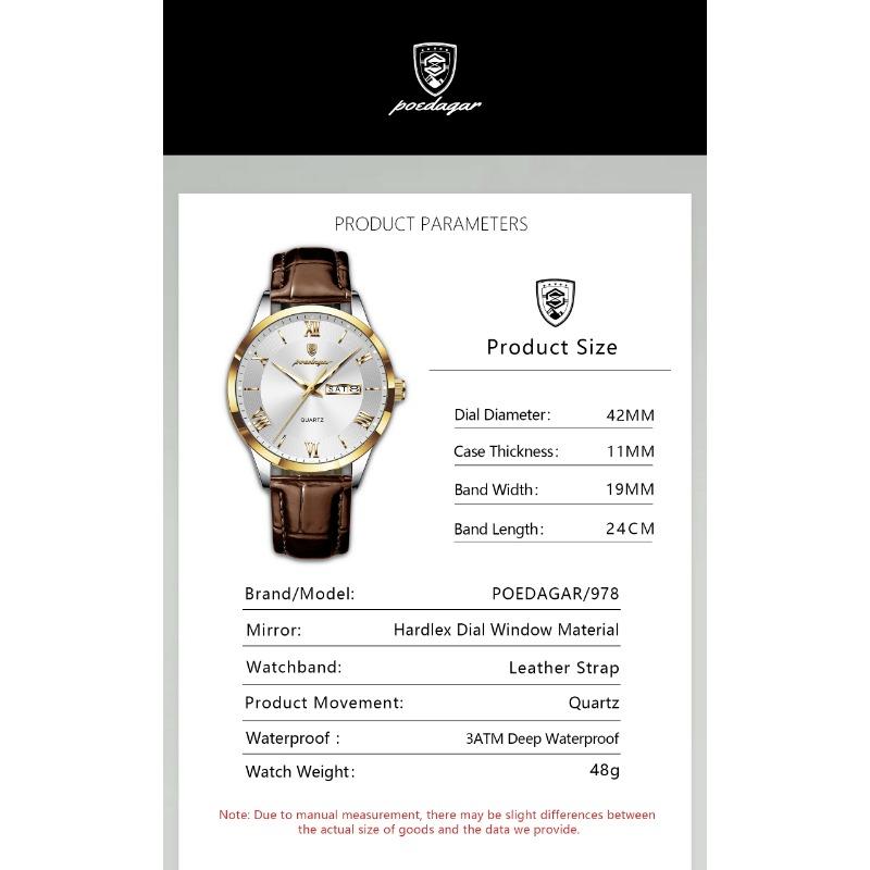 POEDAGAR Luxury Fashion Watch for Man Leather Date Week Casual Quartz Clock Waterproof Luminous Business Watches Reloj