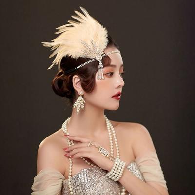 Diamantové Pírko Gatsby Cosplay Šaty Černé Flitry Kamínky Korálky Pírková Pokrývka Hlavy Vintage Design Korejský Styl Čelenka