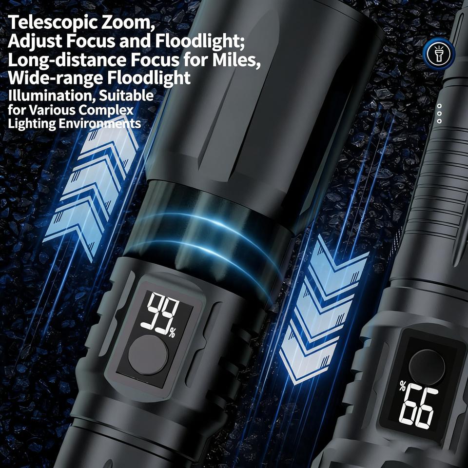 LED Flashlight,Bright Tactical Torch High Lumens with 5 Modes,Power Display,Waterproof Zoomable Flash Light,Hunting Camping