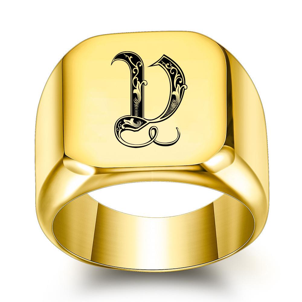 Europe, America 26 personalized English initials titanium steel ring male retro punk square 14MM gold trendy male wholesale