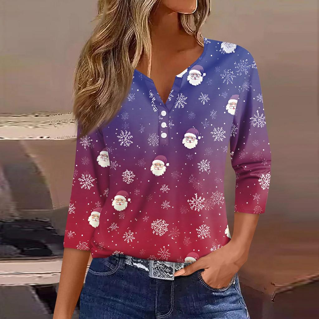 Women's T Shirt Tee Christmas Printed Button 3/4 Sleeve Tunic Daily Weekend Fashion Basic V- Neck Regular Top