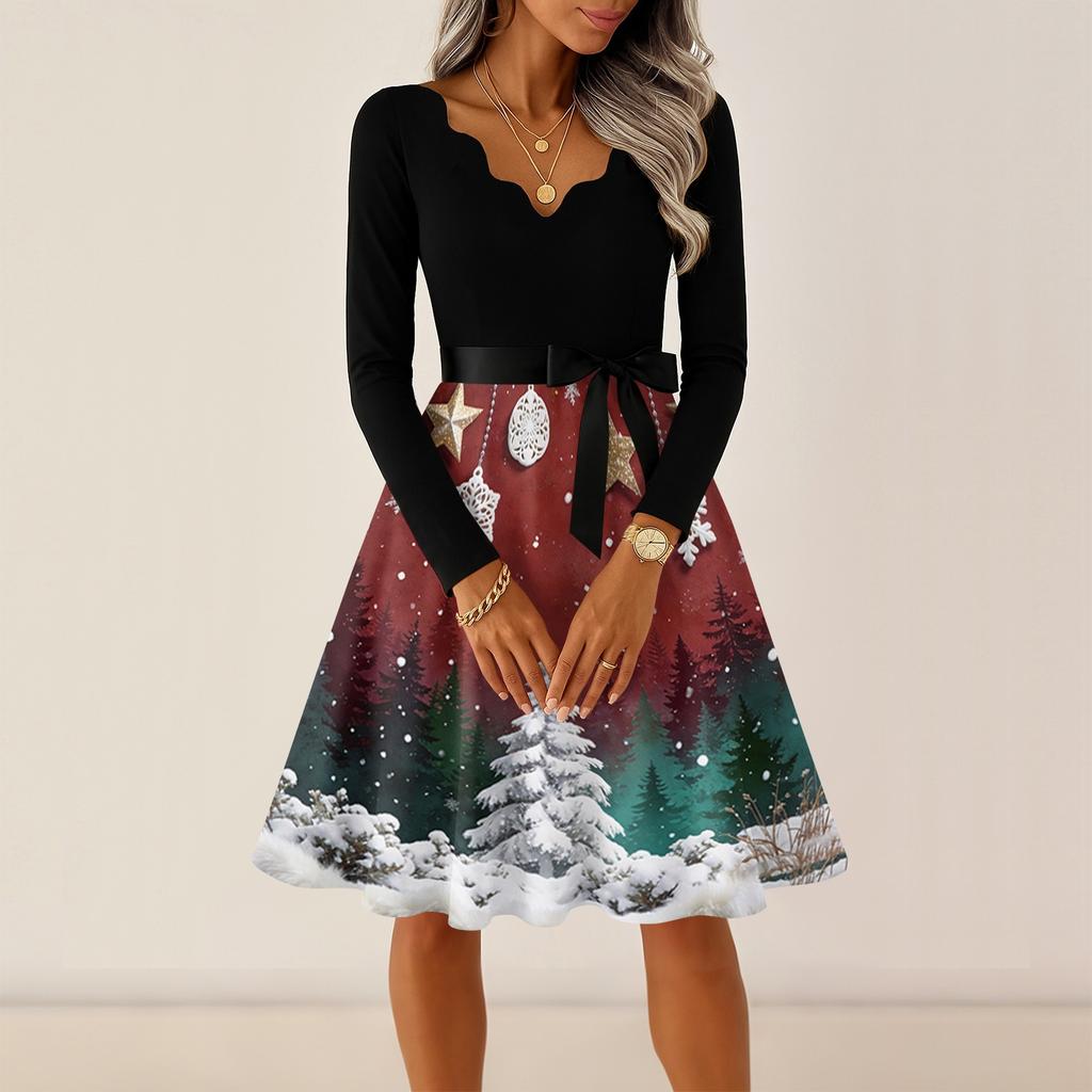Women's Casual V-Neck Long Sleeve Vintage Christmas Print Dress for Holiday Party