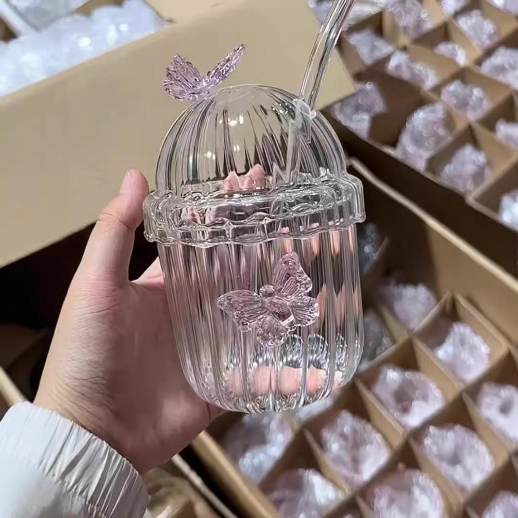 1KS 400ML Sklenice na pití s designem motýla na ledovou kávu, džus, čaj a mléko, Perfektní dárky k narozeninám a svátkům