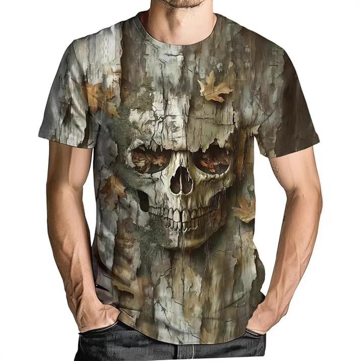 Edgy Skull Camo Print Short Sleeve T-Shirt, Trendy Tee