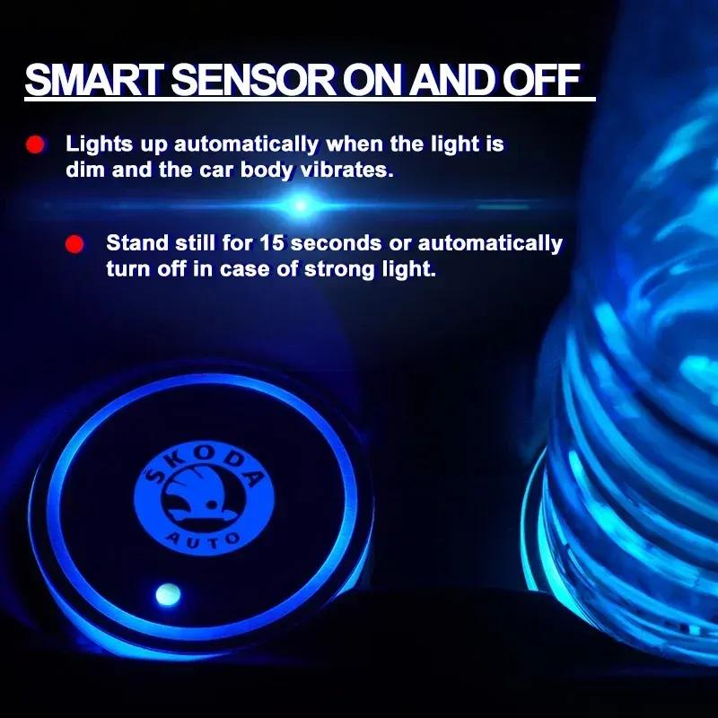 2PC LED Illuminated Car Water Cup Coaster Auto Interior Atmosphere Light Coaster for Skoda MissionL Afriq Kamio Fabia Octavia