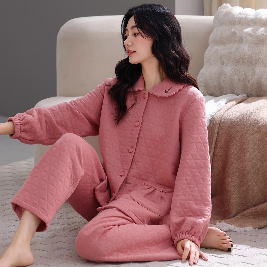Autumn and Winter Thickened Pure Cotton Pajamas Female Middle-aged Mother Cotton Long-sleeved Loungewear Warm Thin Padded Sandwich Set