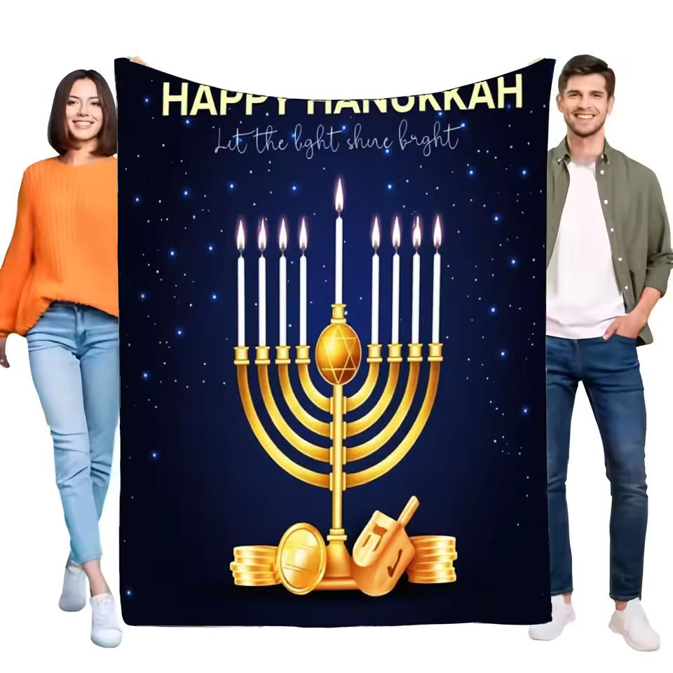 Frohes Chanukka Decke Dunkelblau Menora Davidstern Design Gemütliche Überwurfdecke mit Goldenen Münzen und Kreisel Perfekt für Feiertagsfeiern