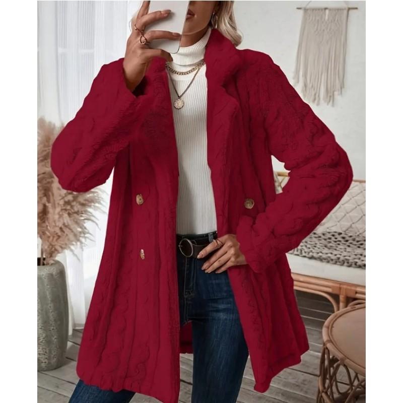Double Breasted Lapel Teddy Bear Coat, Hundred Long Sleeve Textured Warm Winter Coat, Women's Clothing