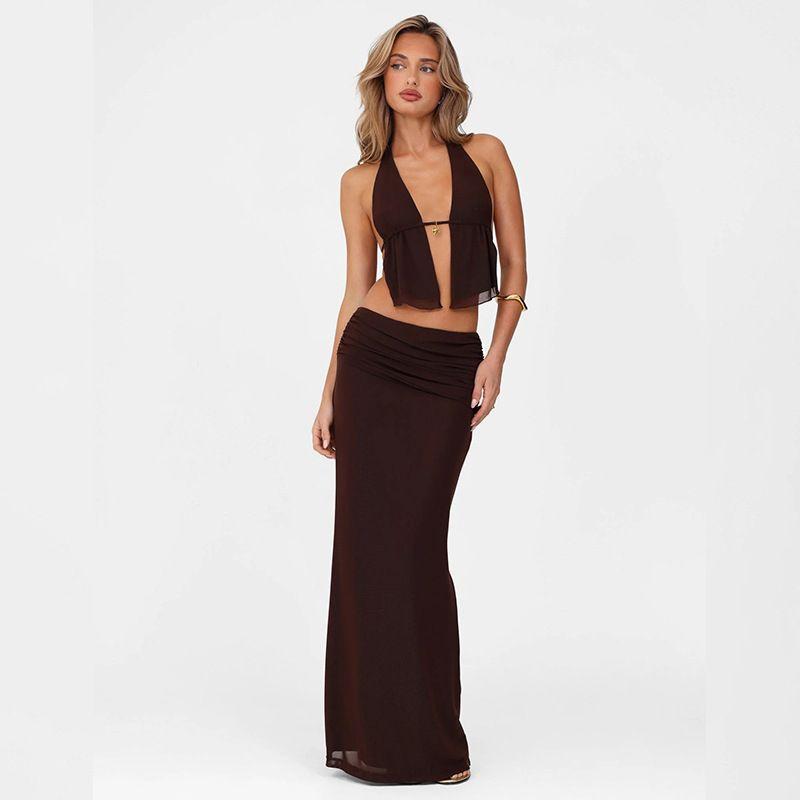 

European and American Women s Clothing New Sexy Halter Cut-out Tied Top High Waist Bodycon Dress Long Dress Suit Women s Tulle Skirt Brown S