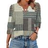 Women's Casual V Neck Loose Fit Three Quarter Sleeve Top with Button Detail on Sleeve and Patchwork Pattern Suitable for Everyday Wear