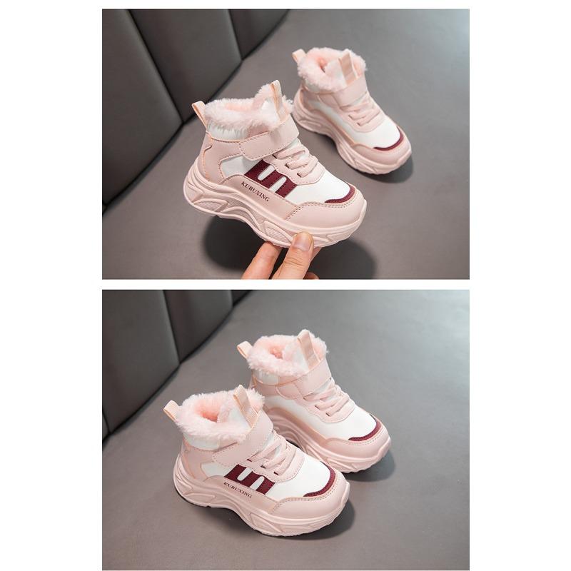 Kids Girls Winter Thickened Fleece Warm Velcro Sports Sneakers