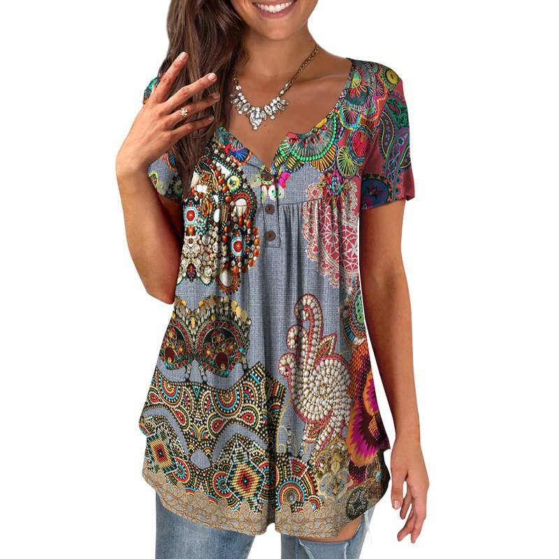 Ladies Casual V Neck Short Sleeve T-Shirt Print Button Top
