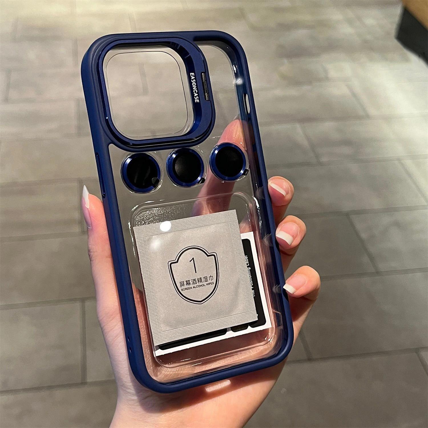 

Роскошный прозрачный чехол для телефона с подставкой для iPhone 15 16 14 13 Pro Max 16 Plus с держателем, защитой объектива камеры и противоударной крышкой For iphone15Pro