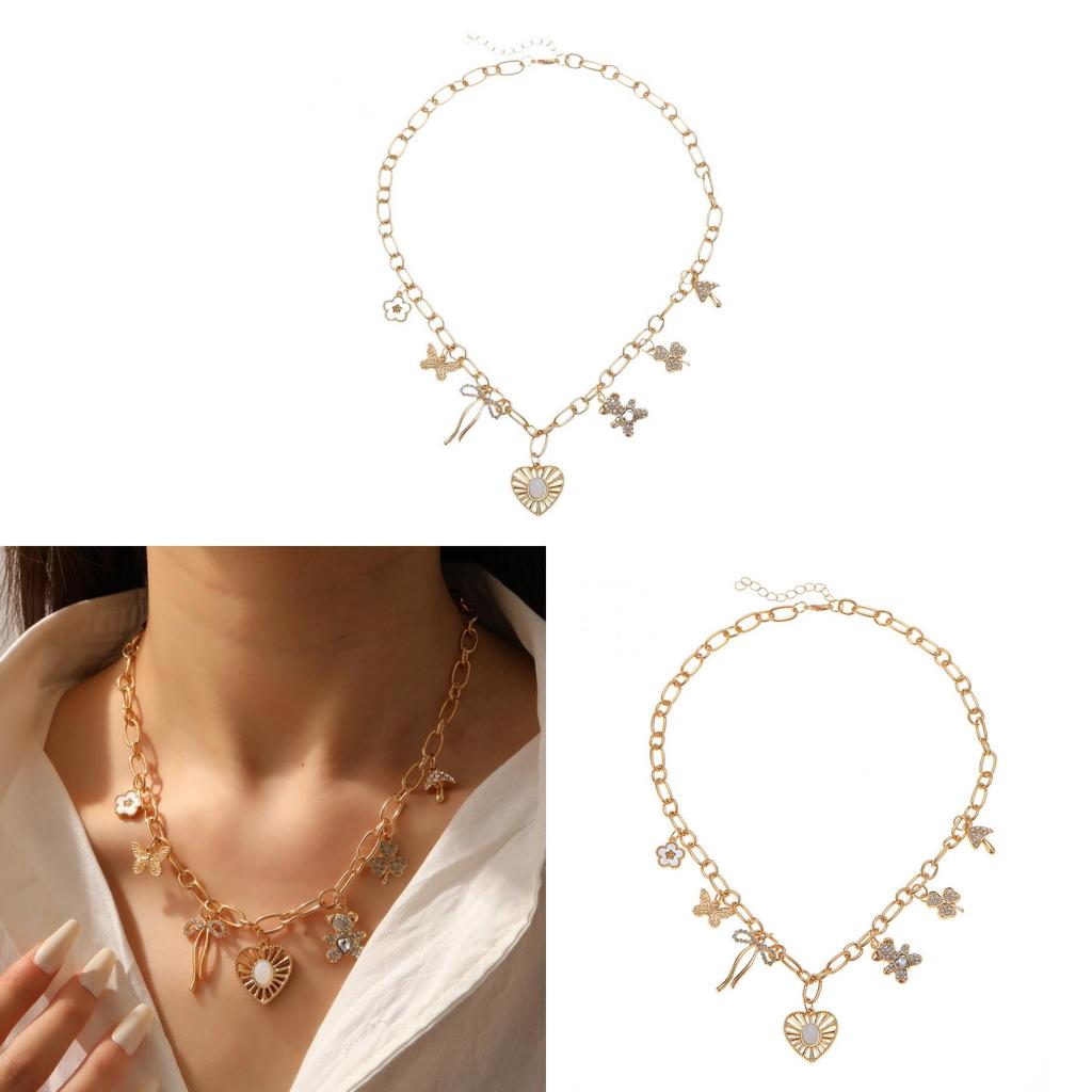 Heart Pendant Necklace For Women With Butterfly Bow And Clover Charm In Silver Plating