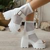Fashion Chunky Heel Sandals Summer New Round Head Open Toe Splicing Mesh Metal Buckle Back Zipper Waterproof Platform High Heels