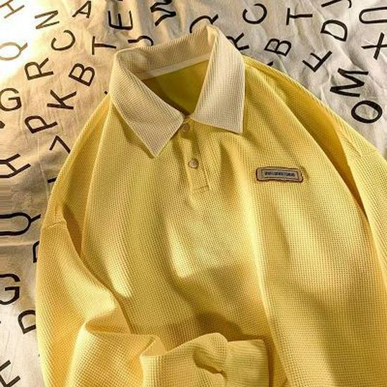 Men's Japanese Oversized Navy Blue Lapel Polo Shirt - Long-Sleeved, Lightweight Summer Sweater, Unisex Design