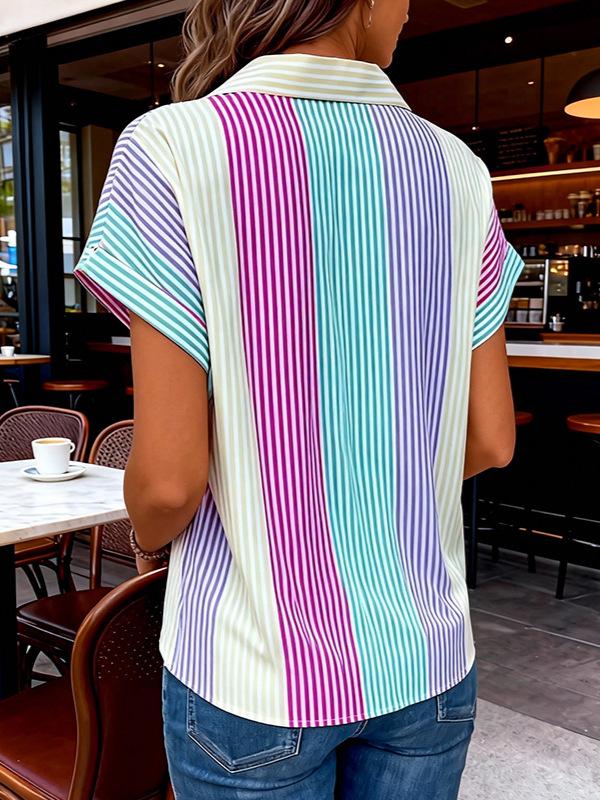 Women's Summer New Arrival Lapel Striped Short-Sleeve Fashion Shirt Top