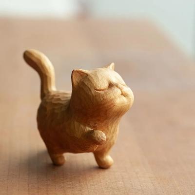Hand-carved Wooden Cat Statue Cute Animal Figurine Cat Ornament Cat Sculpture  Kids Gifts