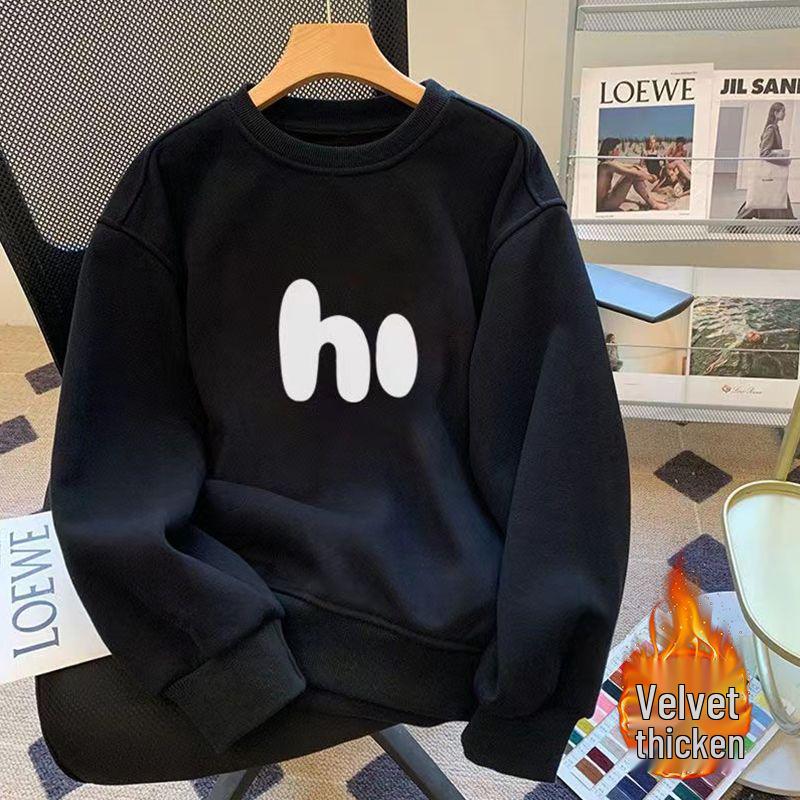 Men's Loose Fit Round Neck Hoodie - Thickened Velvet, Trendy American Style, Long Sleeve, Autumn/Winter.