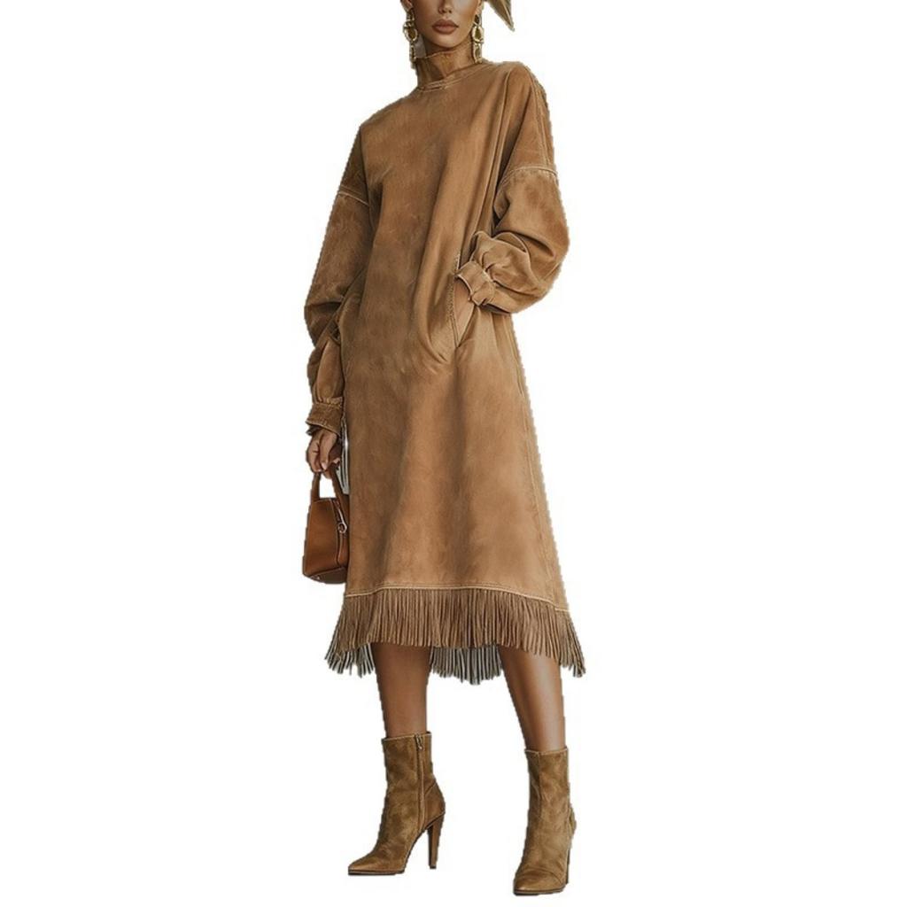 New Vintage Suede Fringed Long Sleeve Dress, European American Style High Neck Loose Midi Dress With Pockets For Women