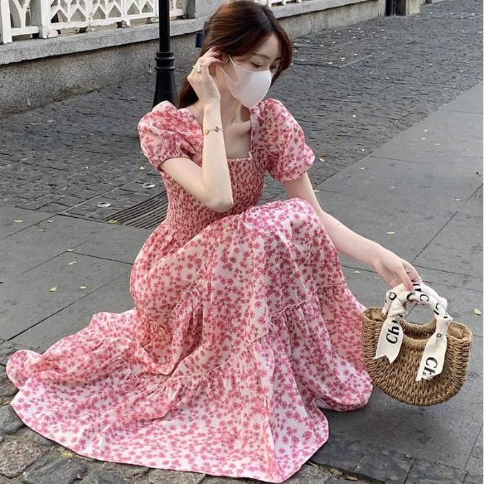 

[Original workmanship] Gentle wind French square collar floral dress women s summer annual temperament vacation dress long 3XL рожевий