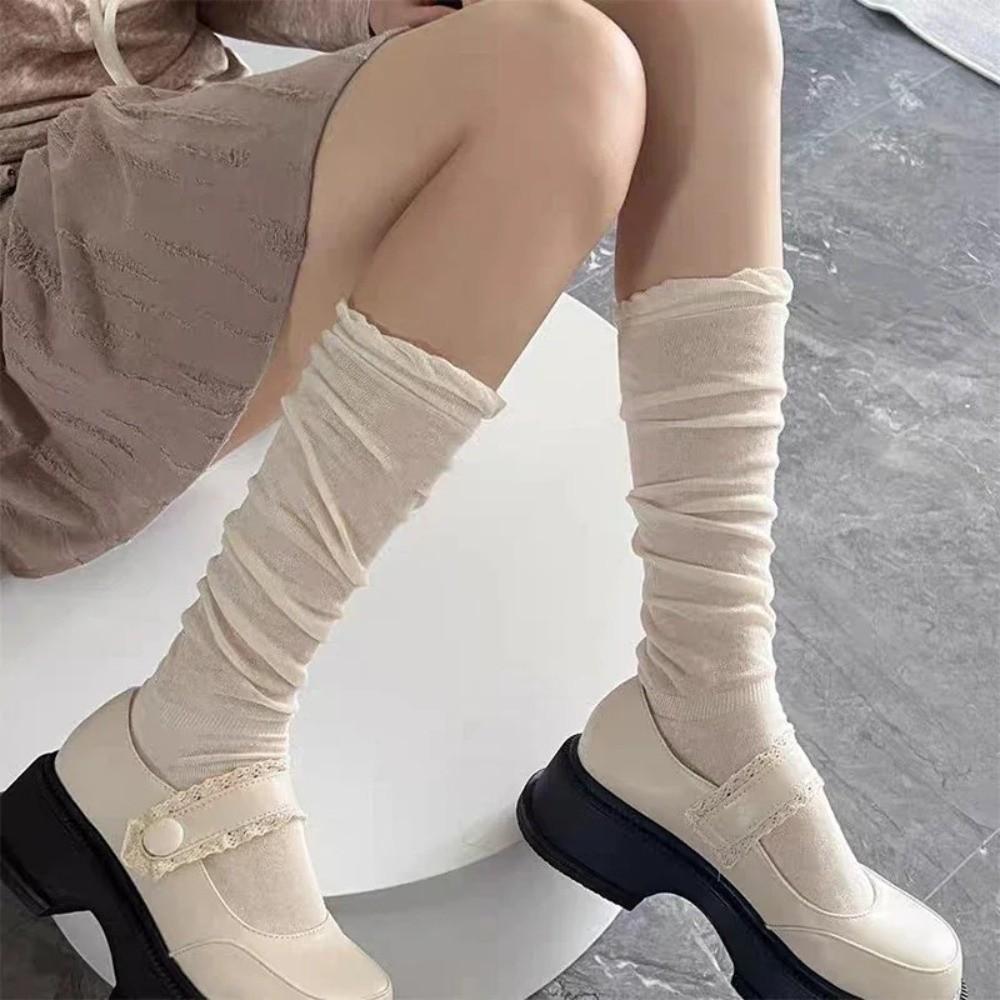 1 Pair Sweet Solid Color Thigh High Stockings Thin Breathable JK Socks Loose Bubble Toe Design Ballet Hosiery for Women