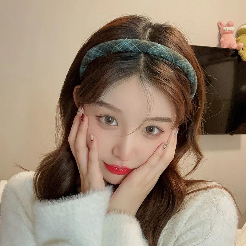 French Retro Sponge Headband Women College Style Plaid Hair Band Elegant Temperament Hoop Hairband Girls Hair Accessories