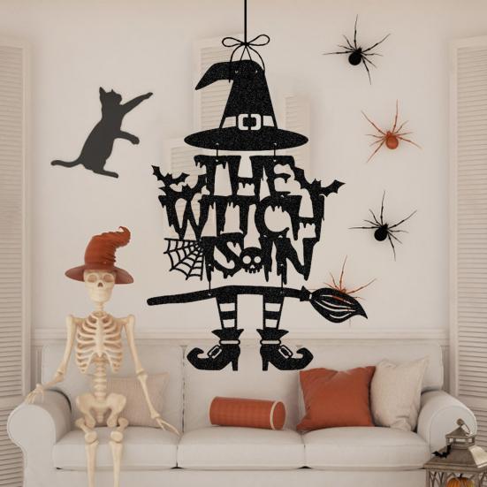 Halloween Witch Door Sign Spooky Witch Leg Hat Broomstick Front Door Hanging Decor Farmhouse Witch Welcome Sign for Home Wall Indoor Outdoor Decor