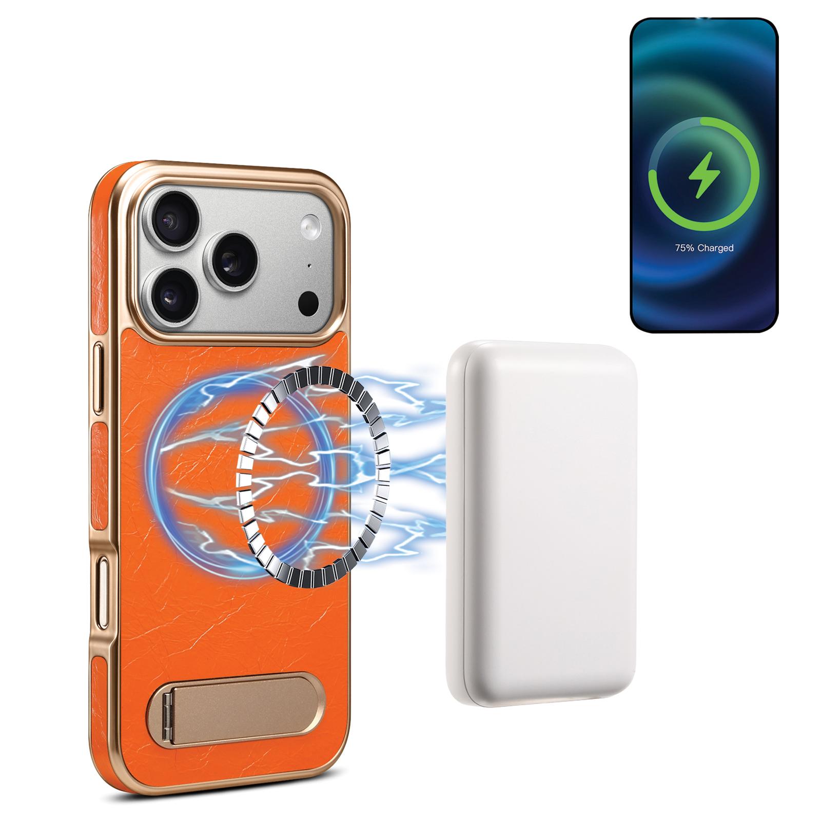 

DENIOR A25+1 For iPhone 17 Pro Max Magnetic Case Kickstand Electroplating Cowhide Texture Genuine Cow Leather Back Phone Cover