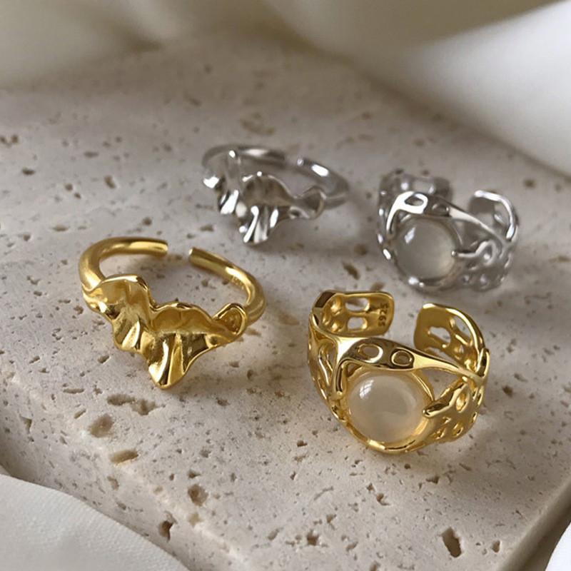 S925 Trendy Sterling Silver Adjustable Ring With Eyecatching Geometric Agate Pattern