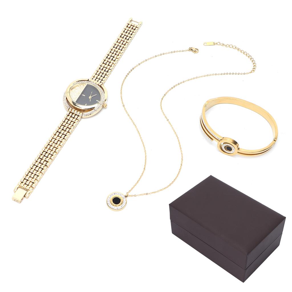 Business Style Women Watch Bracelet Necklace Set Anniversary Birthday Gift Jewelry Set Gold