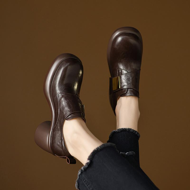 7CM Spring New Round Head Thick-soled Leather Single Shoes~ 2025 Waterproof Table Metal Buckle Deep Mouth Single Shoes High Heels