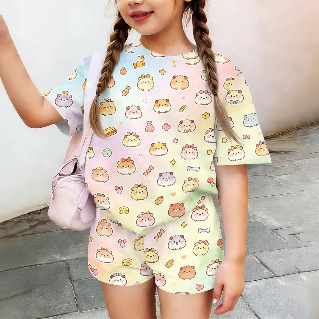Kids Casual Short Sleeve Top and Shorts Set Animal Print Two Piece Outfit Comfortable Lightweight Soft Fabric Summer Wear