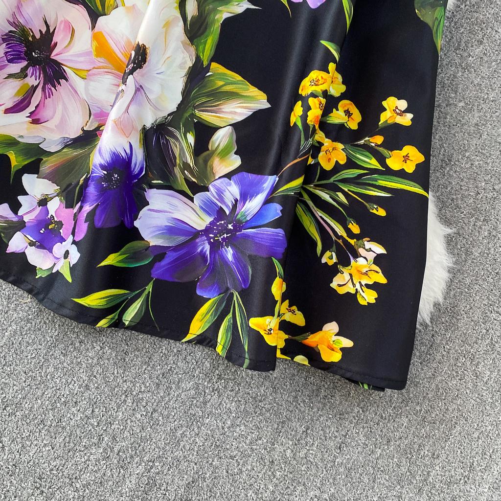 Summer Women Sleeveless V-Neck Midi Long Dress Floral Print High Waist A‑Line Swing Casual Holiday Party Dress