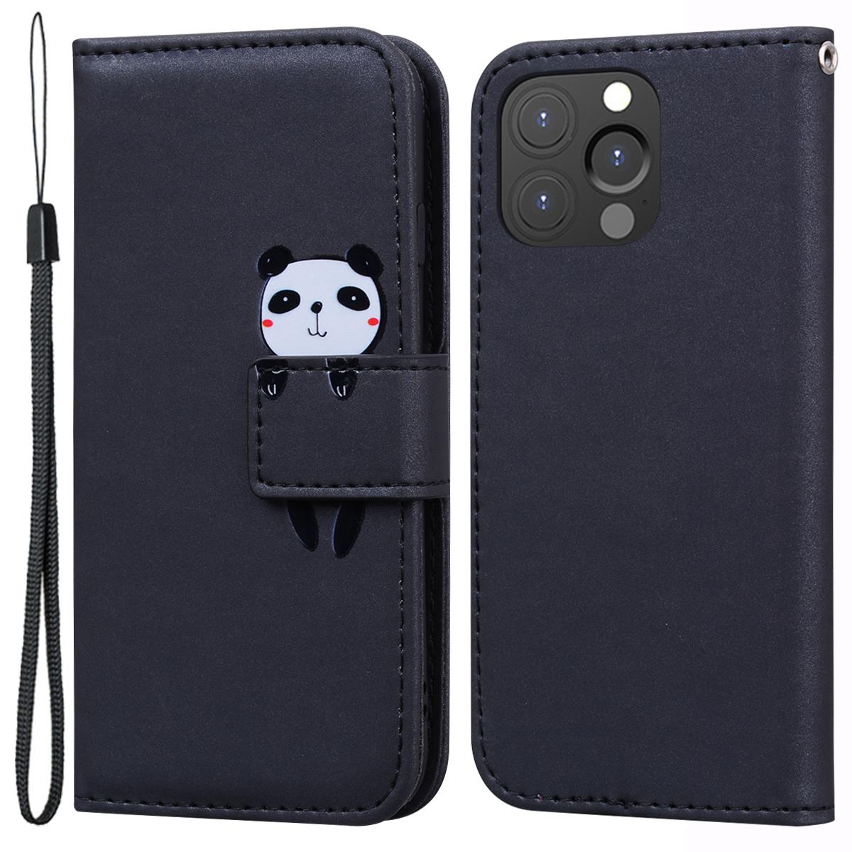 

For iPhone 13 Pro Max 6.7 inch Cover Cartoon Animal Pattern PU Leather Cell Phone Cases Black