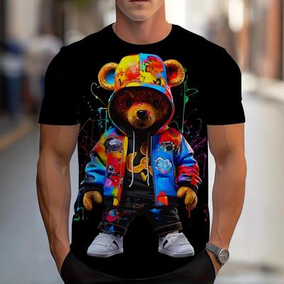 Street Style Short-Sleeve T-Shirt, Cool Graffiti Bear Print, Casual Fashion Essential