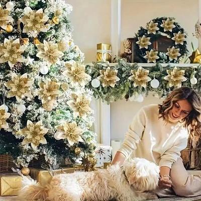 For Home Merry Christmas Glitter Artificial Decorations 1Pc 14cm Gift Christmas Flowers Xmas Tree Ornaments New Year  Handmade