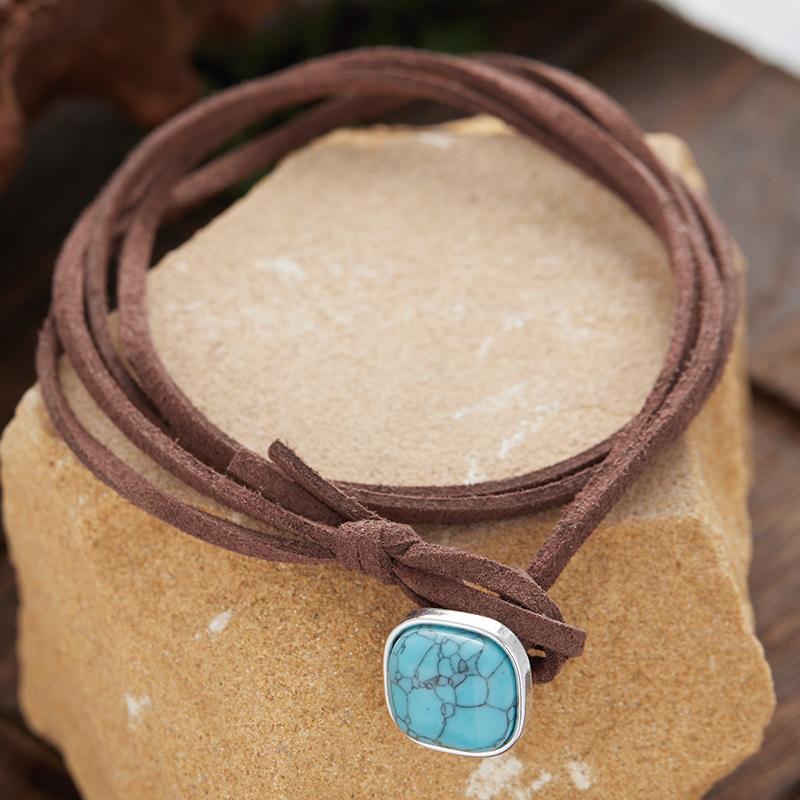 Bohemian Style Vintage Creative Leather Choker imitation turquoise Pendant Necklace for Women Girls Simple Zircon Gifts