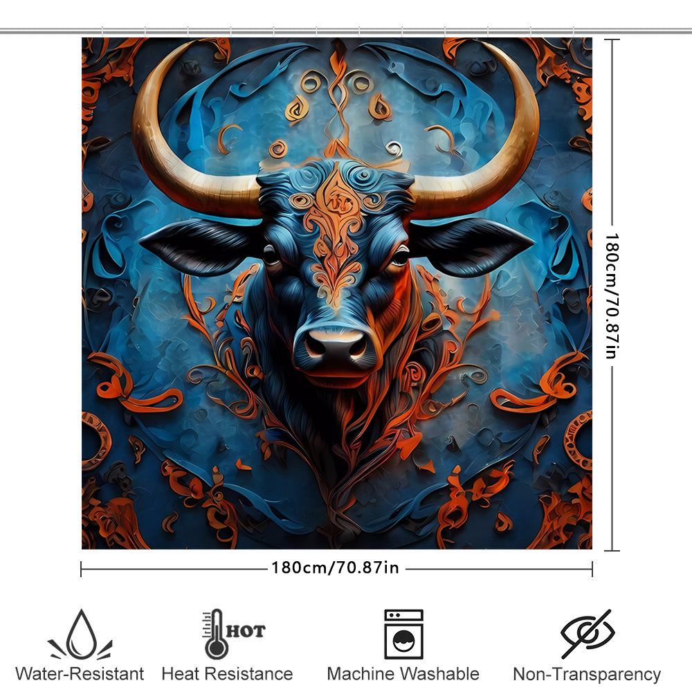 Modern Bull Bath Mat Decor Shower Curtain Fabric Waterproof Bathroom Wall Hanging With Abstract Blue Gold Orange Leaf Floral Pat