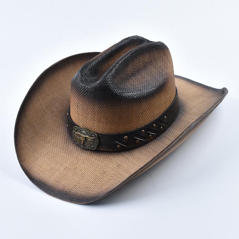 My Extreme Outdoor Activities Women's Khaki New Western Style Straw Cowboy Summer Hats For Men Vintage Curled Wide Brim Cowgirl Hats Sombrero Hombre 58Cm
