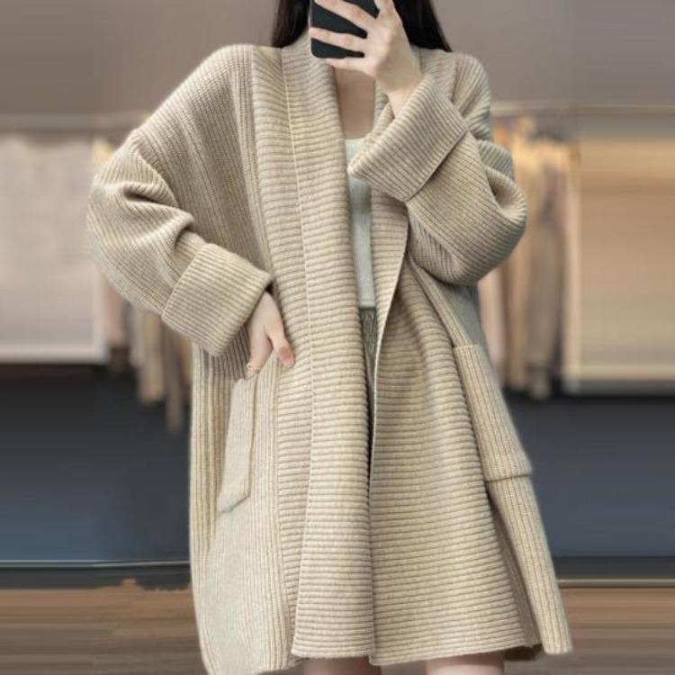 Loose Fit Mid Length Open Front Cardigan Sweater Coat for Women Lapel Long Sleeve Large Pockets Solid Color Outwear