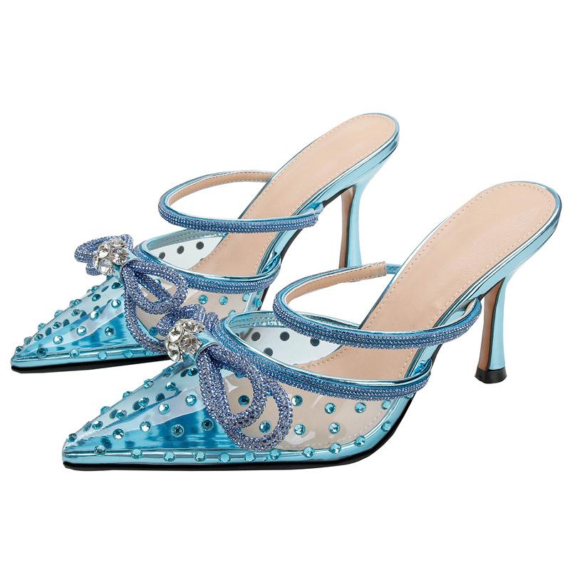 

Spring and summer European and American new rhinestone bow high-heeled sandals transparent pointed stiletto high heels fashionable and elegant foreign 42