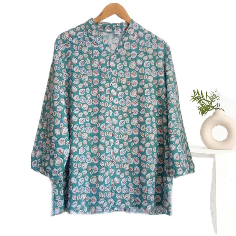 

Хлопок Шелк Напечатанный Стоячий Воротник Кардиган Длинный Рукав Женская Рубашка Летний Тонкий Удобный Воздухопроницаемый Вискоза Топ Size 26