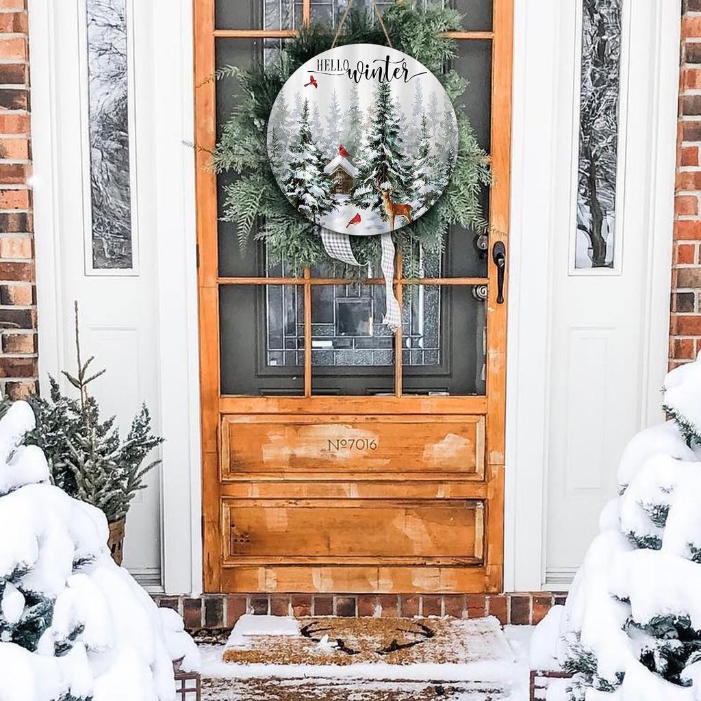Winter Wreaths for Front Door, Winter Door Decorations Wall Decor, January Wreaths 12 Inch, Hello Winter Door Sign Door Hanger, Rustic Natural