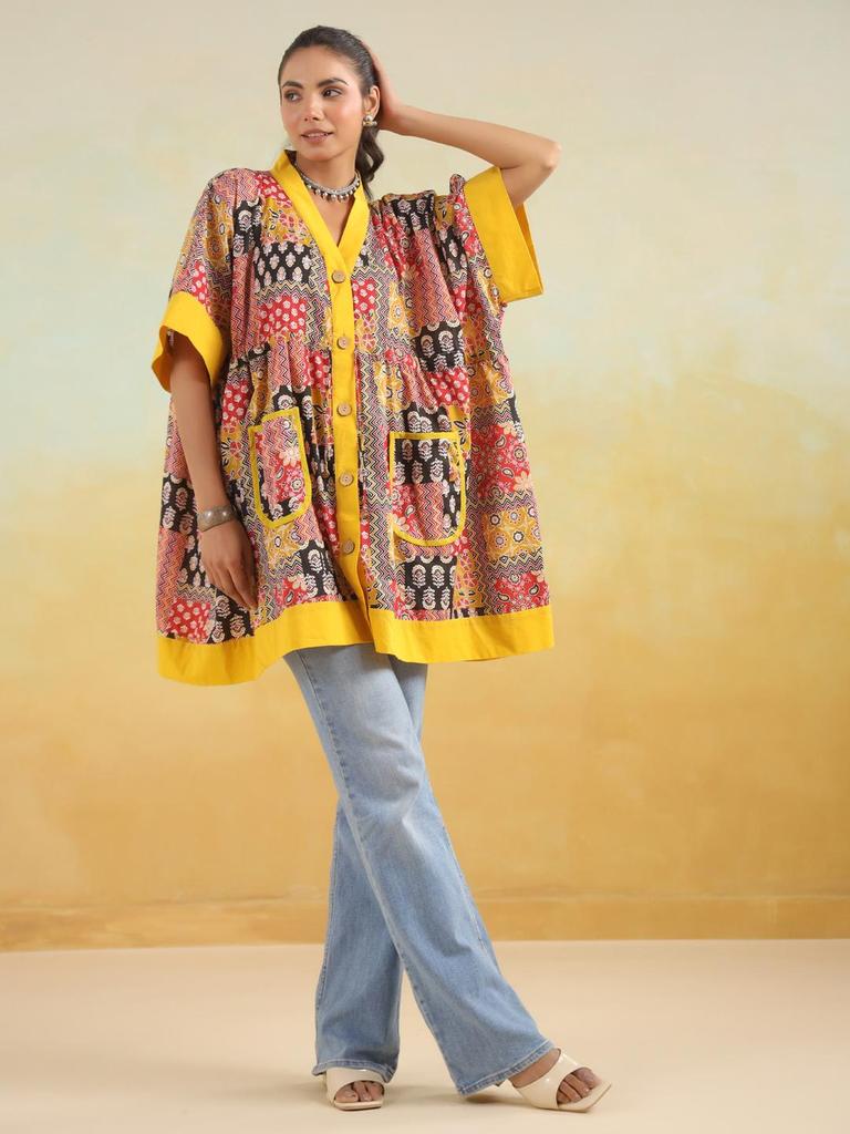 Hand block printed cotton top tunic kaftan handPrinted cotton w/pockets tunic loose fitting free size tunic RedYellow Kaftan Limited edition