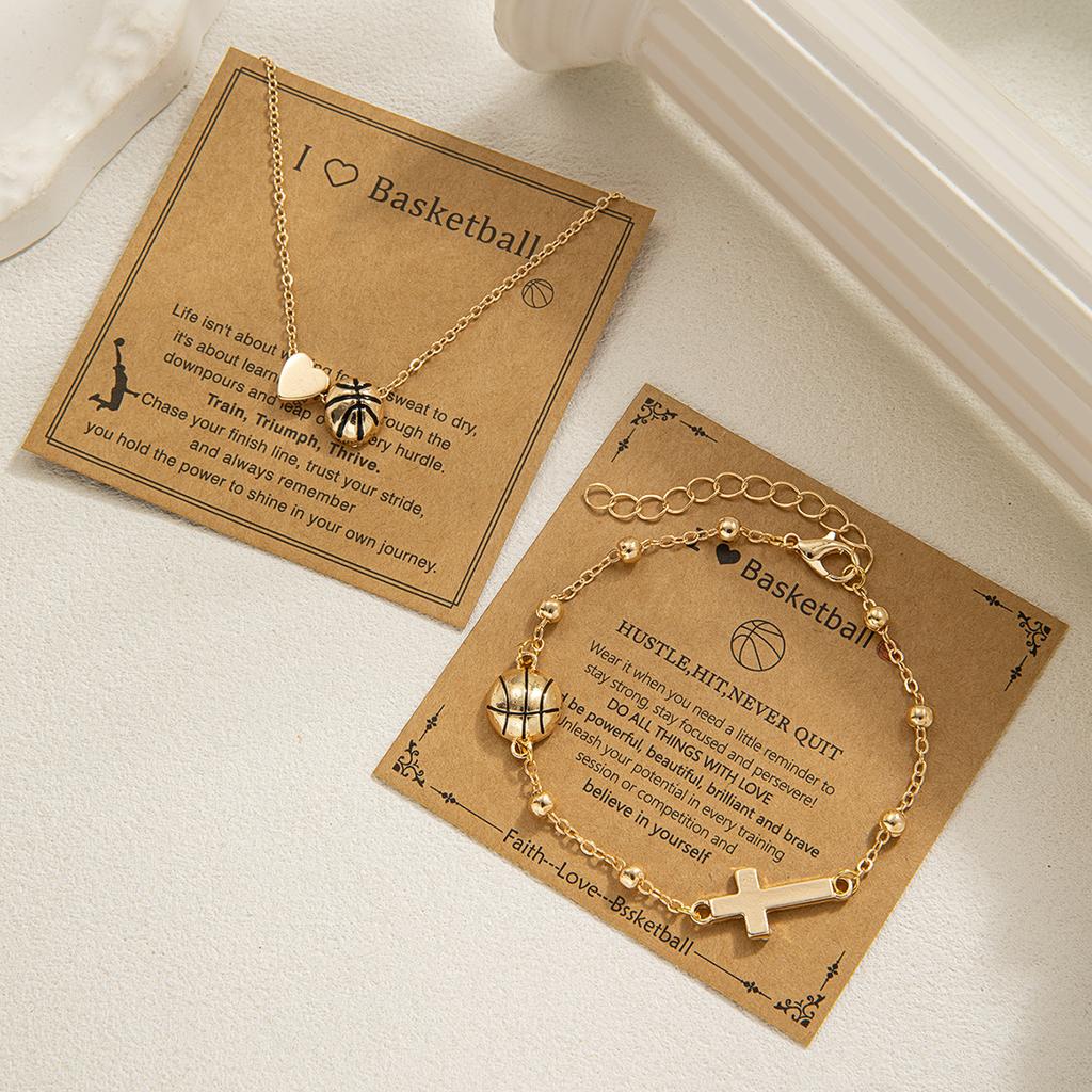 Two-piece Set of Basketball, Heart and Cross Necklace & Bracelet, Vintage Gold Layered Necklace