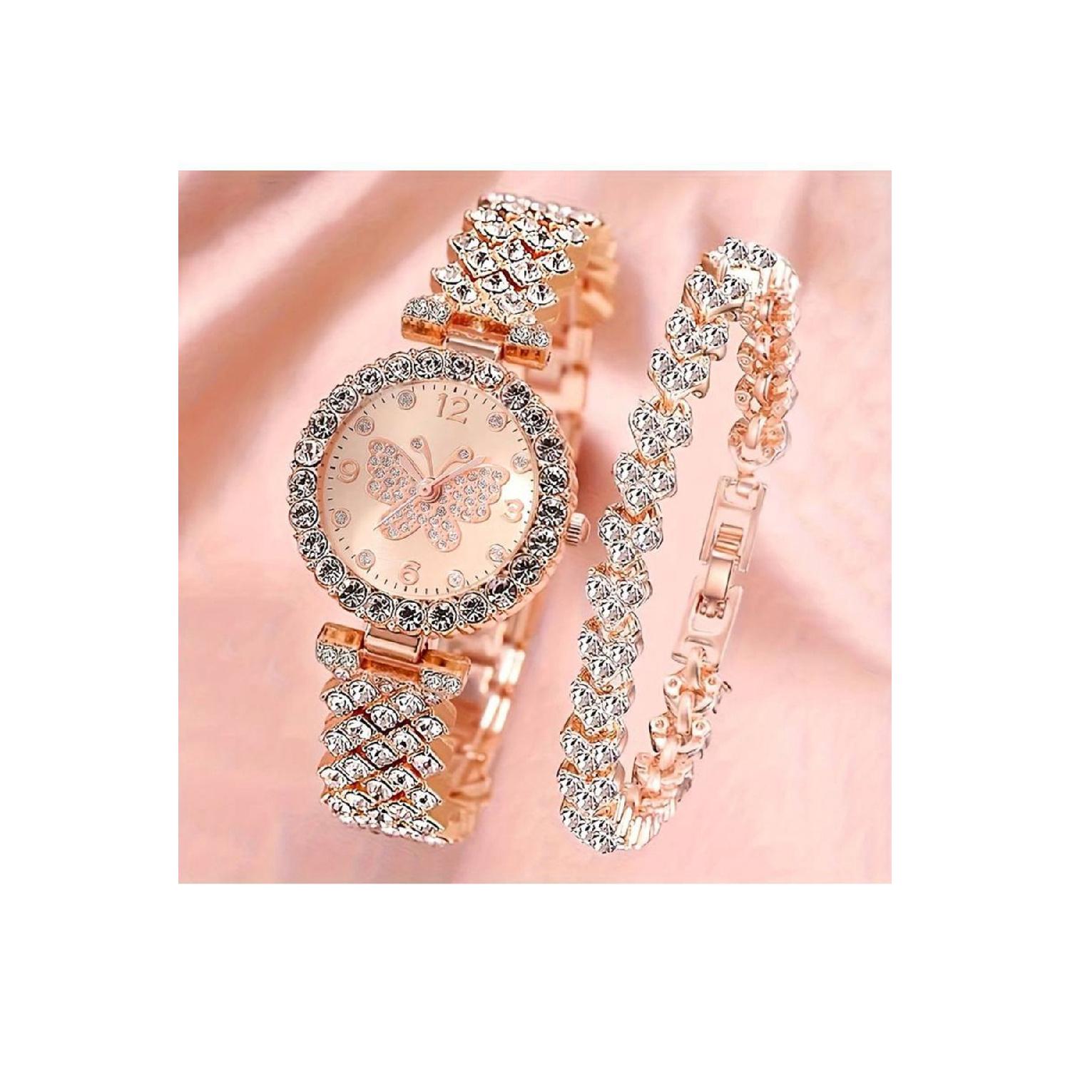 

Women s Stone Butterfly Quartz Rose Watch And Bracelet Gift Set