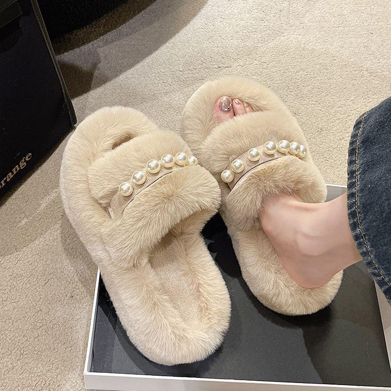 Mao Mao Slippers Women's Outer Wear 2025 New Korean Version Ins Trendy Shoes Autumn and Winter Pearl Thick-soled Cotton Slippers Cotton Slippers