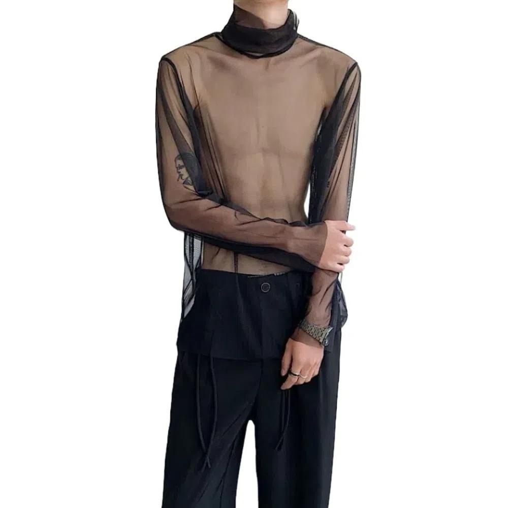 Streetwear Transparent T-shirt See-through Mesh Top Men Creative Long Sleeve T-shirt  Home