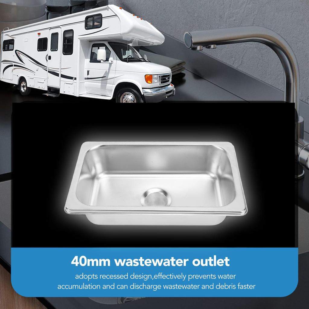 RV Kitchen RV Stainless Steel Single RV Sink with 40mm Drain Bar Single Square Hand Wash for RV Caravan inches x inches Drawing Sink, Basin, Hole,